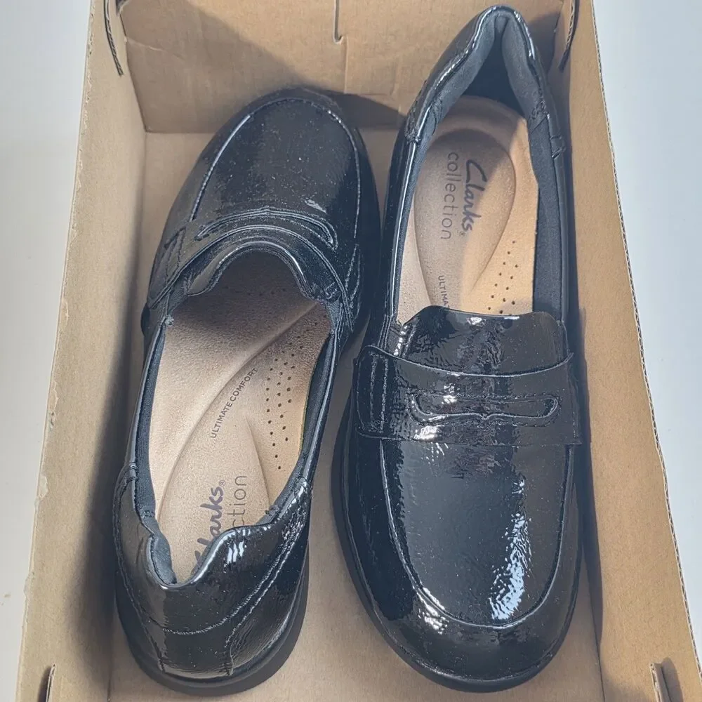 Clarks Originals Womens Ellowyn Penny Black Crinkle Pat Loafers Sz 6.5 M NEW NIB